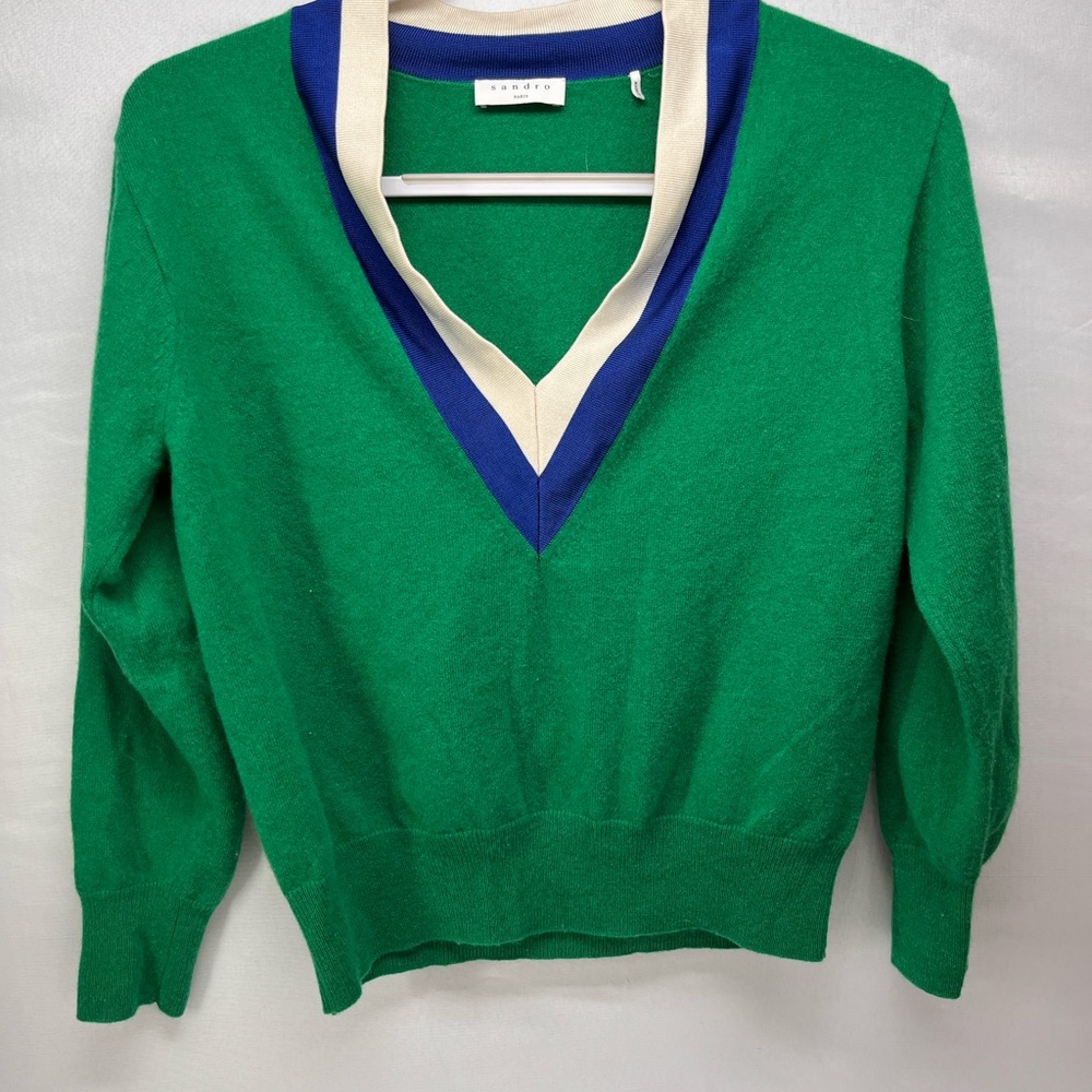 Sandro Green V-Neck Sweater with Blue and Cream Trim